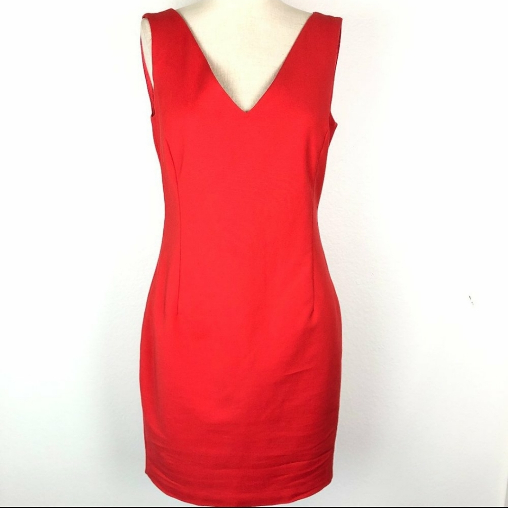 Zara Red V Neck Exposed Zipper Sheath Dress 6